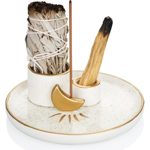 Incense Holder 4 in 1 Incense and Candle Holder for Burning Sage Palo Santo Ceramic Ash Catcher Tray for Meditation Room 5.9" Gold