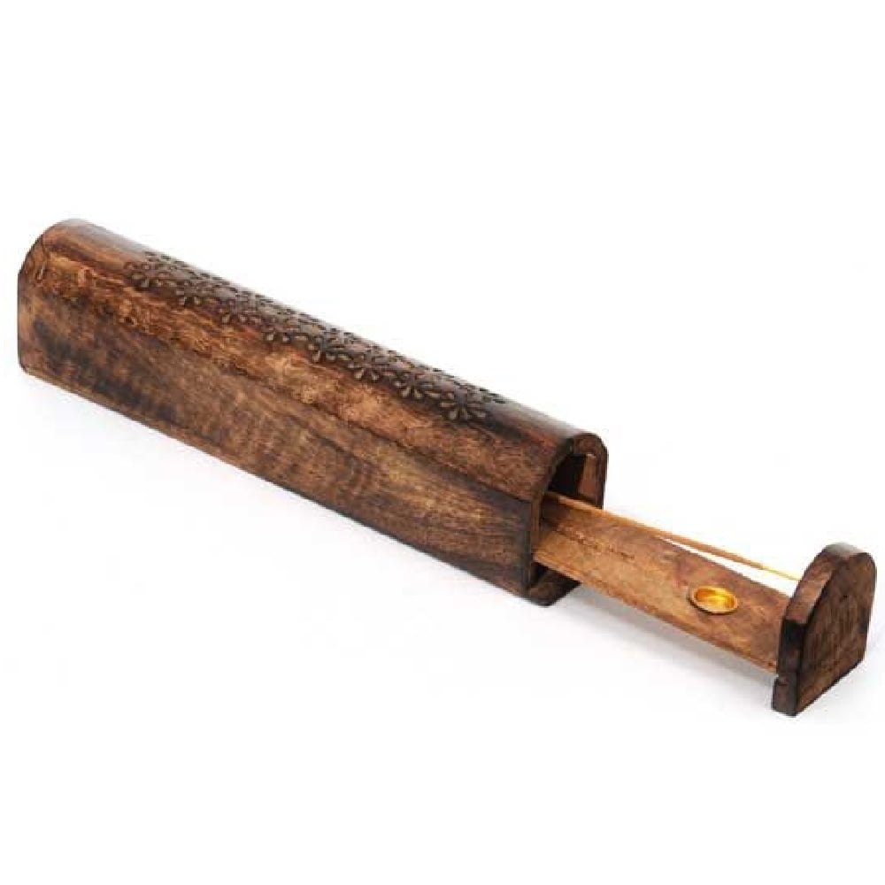 Incense Holder Burner Box with Round Sliding Top Made in India from Mango Wood