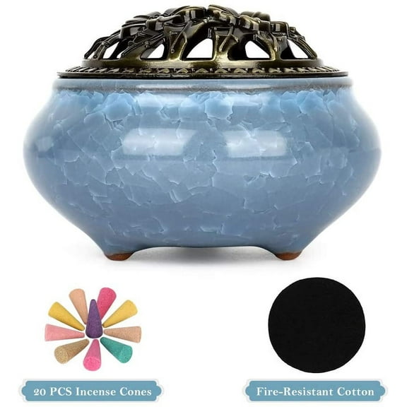 Incense Holder Burner, Ceramic Censer with Cotton Bottom Shield & 20 Fragrance Incense Cones Light Blue by Haitral