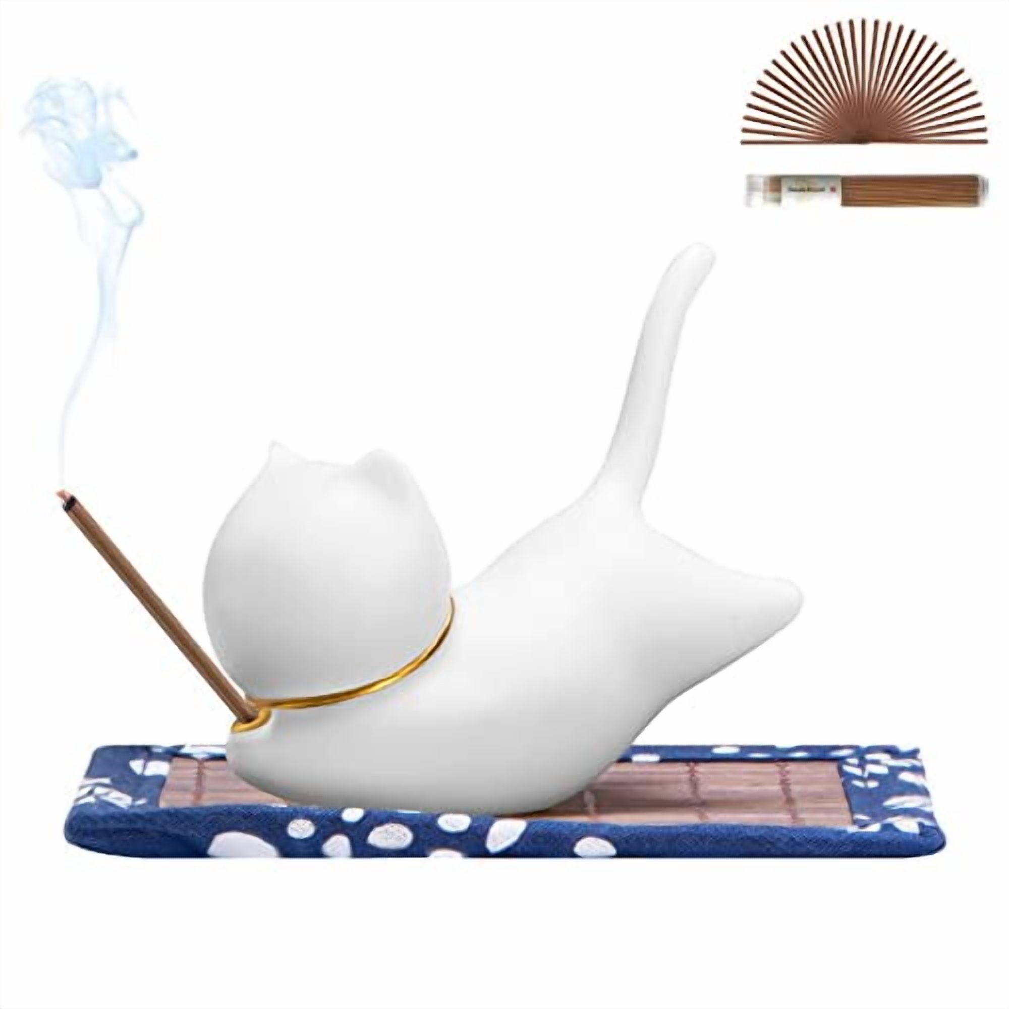 Incense Holder Handmade Ceramic Incense Burner with 30 Sandalwood Insence-Stick Holder with Bamboo Mat, Cute Cat Decor Incense Holder for Sticks for Aromatherapy/Yoga/Meditation/Ho