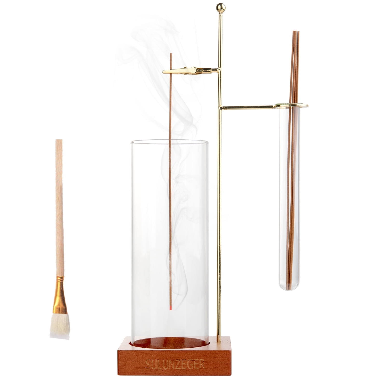 Incense Holder, Incense Stick Holder with Removable Glass Ash Catcher and Storage Tube, Wood and Metal Oud Burner with Ash Brush for Yoga Spa Madiation Relaxation, Home Decor