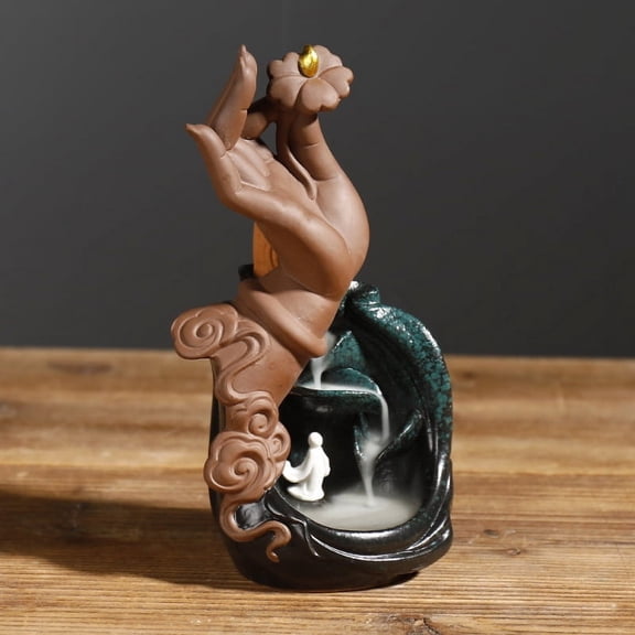 Incense Holder Zen Buddha Hand Lotus Backflow Incense Burner Incense Diffuser Waterfall Censer Incense Cones Holder Home Deco
