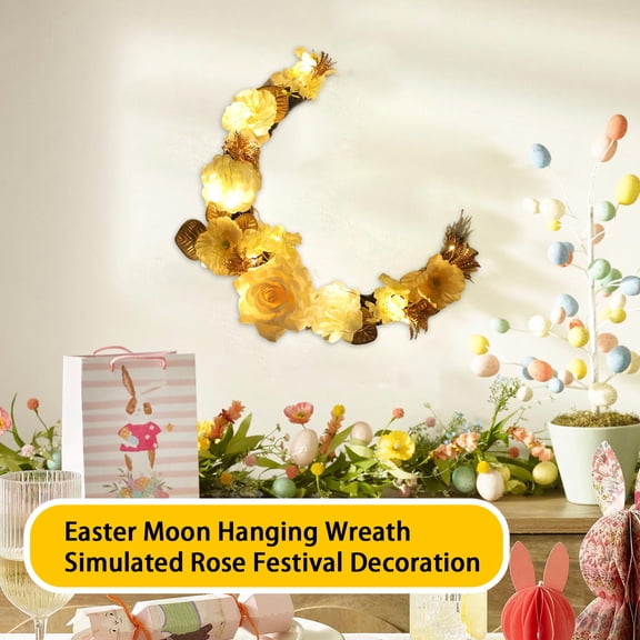 Inch 3D Easter Moon Hanging Wreath, Simulated Rose Floral Decoration With Eggs & Berries, Front Door Home Spring Festive Accent
