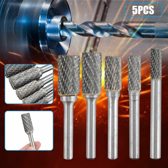 Inch 5Pcs 1/4 Inch Double Cut Tungsten Carbide  Burr Die Grinder Shank Bit Set