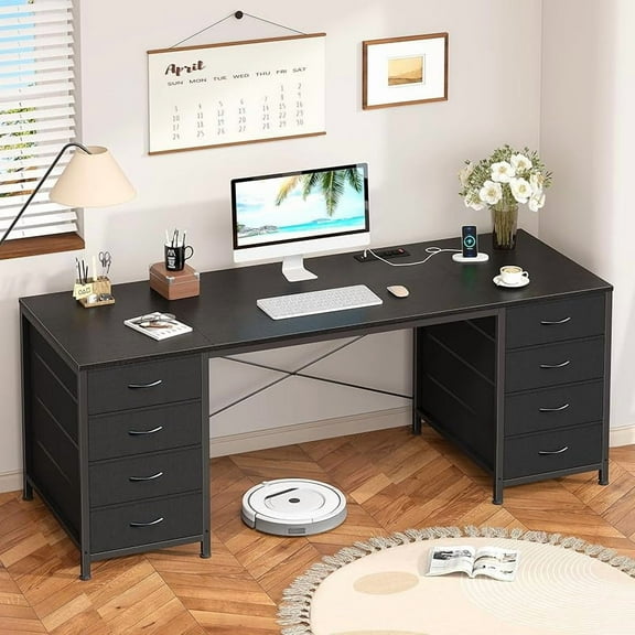Inch Computer Desk with  Drawers, Home Office Desk with Power Outlets, Work Study Gaming Desk with  Fabric Drawers, Black