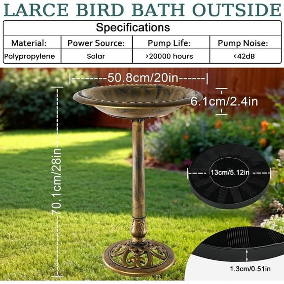 Inch Copper Bird Bath with Solar Water Fountain for Outdoors,  Material and Classical Design for Garden  Yard Lawn Decor