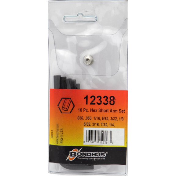 Inch Hex (Allen) Short Arm L-Wrench Set, 10pcs .035" to 1/4", Protanium High Torque Steel With Proguard Finish, Comes In Plastic Pouch - Bondhus USA