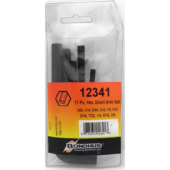 Inch Hex (Allen) Short Arm L-Wrench Set, 11pcs .050" to 3/8", Protanium High Torque Steel With Proguard Finish, Comes In Plastic Pouch - Bondhus USA