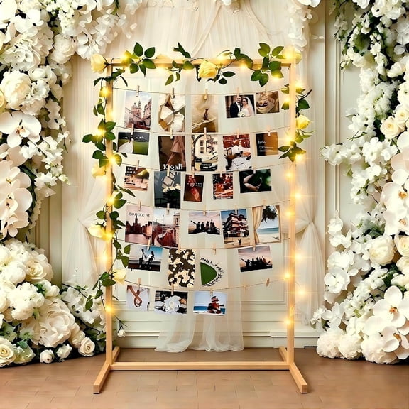 Inch Photo Display Stand Wooden with String Lights & 50 Clips - Sturdy Floor Standing Picture Stands, Photo Display Board for Wedding Reception, Party & Graduation Decorations 2026 ( Pine)