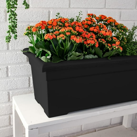 Inch Romana Large Rectangular Planter Box - Lightweight Plastic Outdoor Plant Pot with Drainage for Decks, , Pool, Black