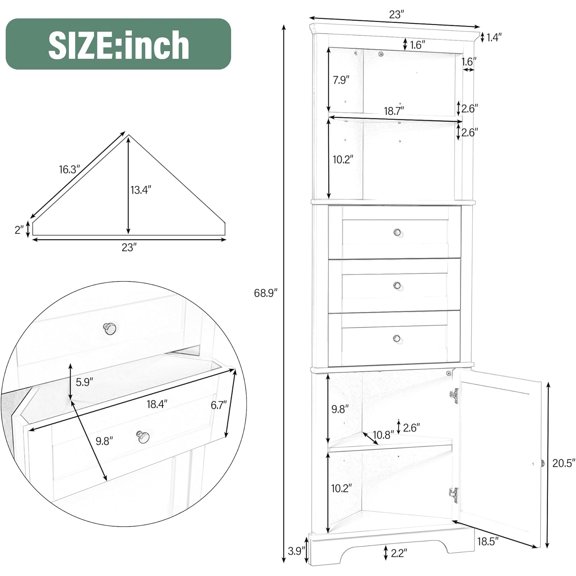 Inch Tall Corner Cabinet with Adjustable Shelves and Drawers, Space Saving Storage Bookshelf for Bathroom Kitchen Green