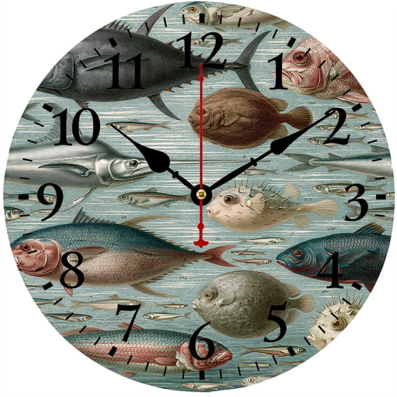 Inch Wall Clock, Fish Ocean Theme Decorative Clock, Battery Operated Round Analog Clock with Easy to Read Numbers, Coastal Nautical Fishing Decor for Living Room Kitchen Bedroom Office Beach House