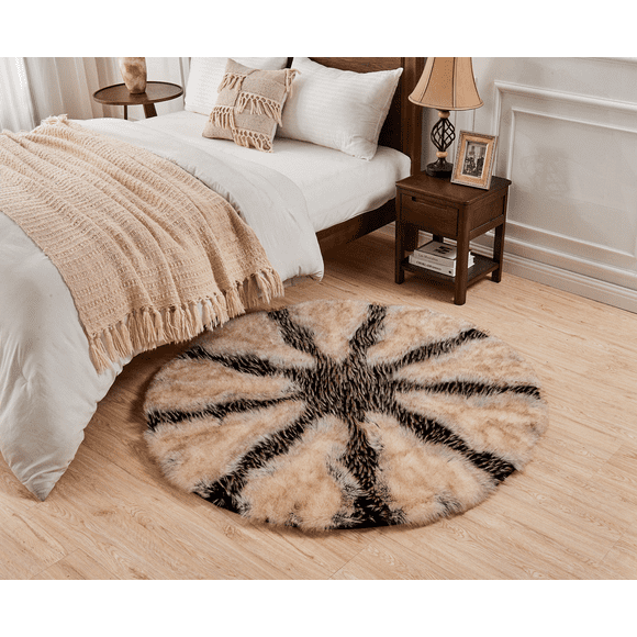 Inchgrass Soft Round Fluffy Faux Fur Area Rug 6 x 6 FT, Circle Cozy Shaggy Sheepskin Furry Carpet Rug for Bedroom Living Room, Plush Fuzzy Floor Cover Beige Color