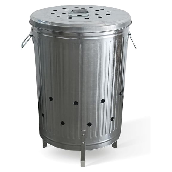 Incinerator Burn for Outside for Burning Trash Leaf - Metal Burn Can Cage Bin Container - Fire Can Paper Burner Outdoor, Lid and Ventilation Holes, Galvanized Steel, 20 Gallon