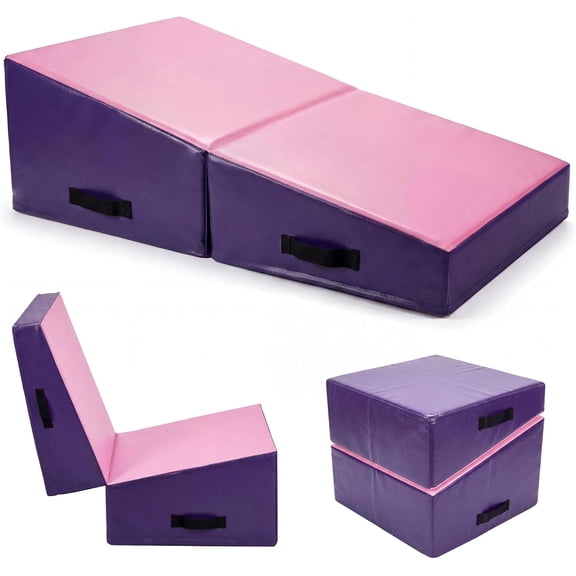 Incline Gymnastics Mat, 47" Folding Cheese Mat for Tumbling & Home Training, High Density EPE Foam Tumbling Mat with 4 Handles, Pink & Purple