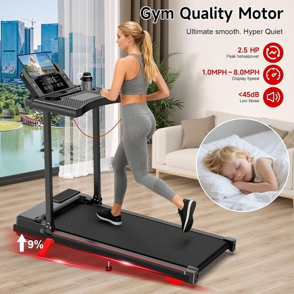 Incline Walking Pad Treadmill for Home Small, 2.5  Under Desk Treadmill with 300lbs Capacity