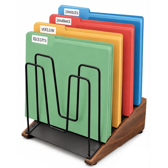 Inclined Desk File Organizer, 5 Slot Vertical Metal Document Holder with Wood Base, Office Desktop Paper Sorter