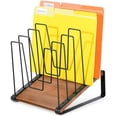 thumbnail image 1 of Inclined Desk File Organizer, 5-Section Vertical File Folder Holder Stand, Metal File Sorter Rack with Wooden Base, Desktop File Organizer for Office Classroom Home Workspace, 1 of 5