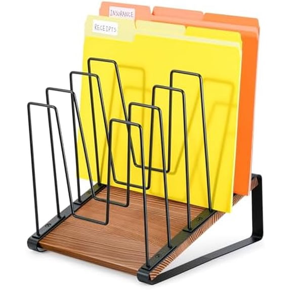 Inclined Desk File Organizer, 5-Section Vertical File Folder Holder Stand, Metal File Sorter Rack with Wooden Base, Desktop File Organizer for Office Classroom Home Workspace