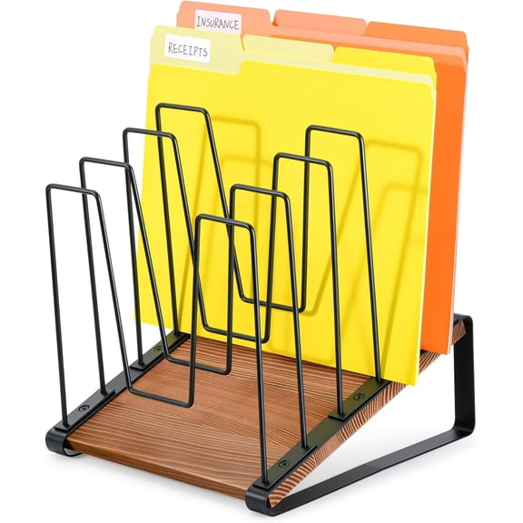 Inclined Desk File Organizer, 5-Section Vertical File Folder Holder Stand, Metal File Sorter Rack with Wooden Base, Desktop File Organizer for Office Classroom Home Workspace