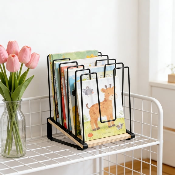 Inclined Desk File Organizer, 5-Section Vertical File Folder Holder Stand, Metal File Sorter Rack with Wooden Base for Office Classroom Home Desktop Organization (1pc)