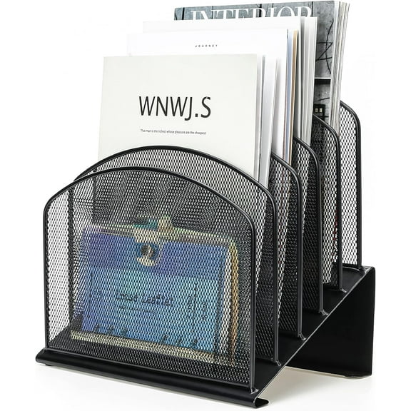 Inclined Desk File Organizer, 5-Section Vertical File Folder Holder Stand Metal Rack File Sorter for Office Classroom Desktop Organization (1Pack)