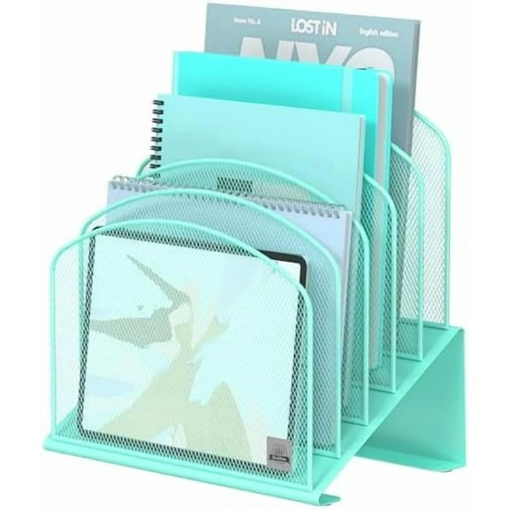 Inclined Desk File Organizer, 5-Section Vertical File Folder Holder Stand Metal Rack File Sorter for Office Classroom Desktop Organization