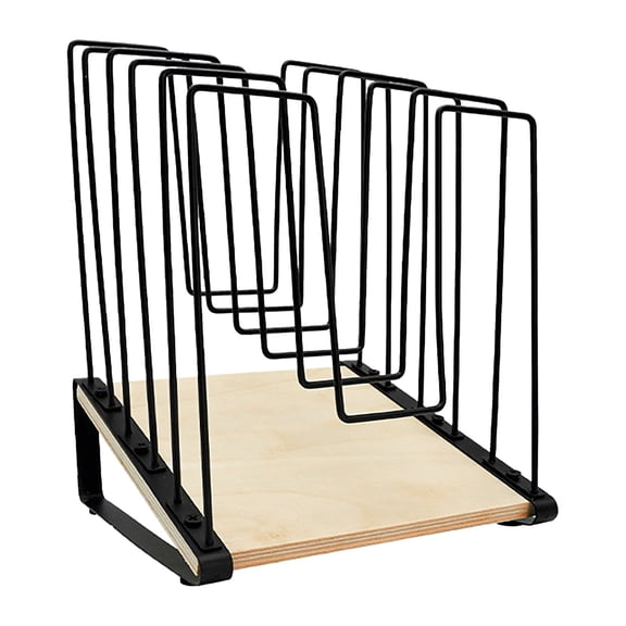 Inclined Desk File Organizer,5-Section Vertical Slots Folder Holder Stand,Metal Document Sorter Rack with Wood Anti Slip Pads,10.79x7.72x7.87 inch File Organization Desktop Accessories (Black)