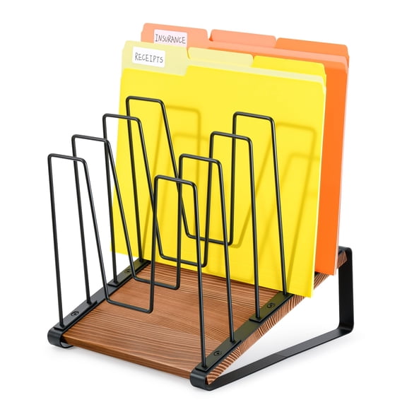 Inclined Desk File Organizer  5-section Vertical Folder Holder Stand Metal Sorter Rack With Wooden Base Desktop For Office Classroom Home Workspace