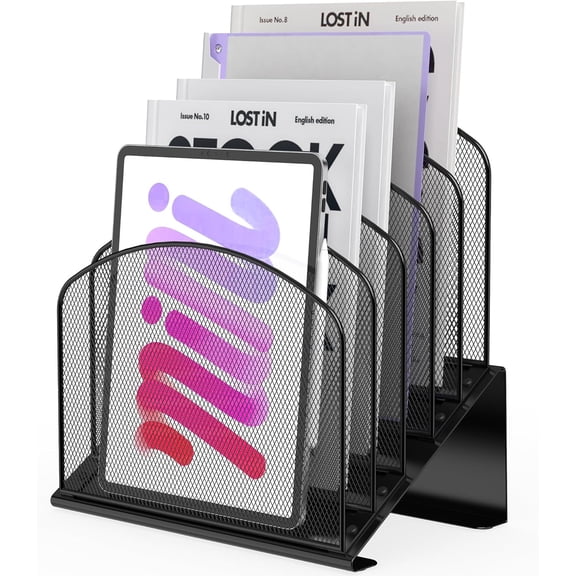 Inclined Desk File Organizer Metal Desk Magazine Folder Holder with 5-Section Vertical Compartments Rack File Organizer for Office, Home, School, Black