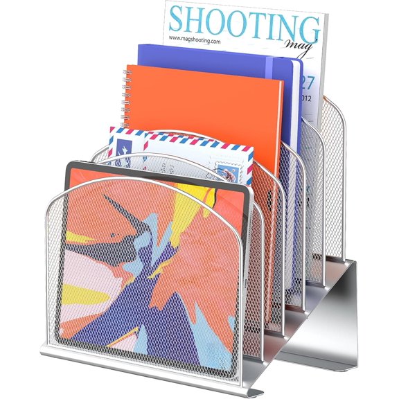 Inclined Desk File Organizer,Vertical File Folder Holder Stand Metal Rack File Sorter for Office Classroom Desktop Organization Silver,1Pack