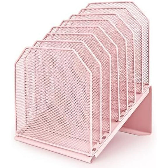 Inclined File Organizer for Desk, 7-Tier Vertical File Folder Holder Office Desk Organizer Metal Rack File Wire Mesh Desktop Document Sorter for Office School Classroom Home (Pink)