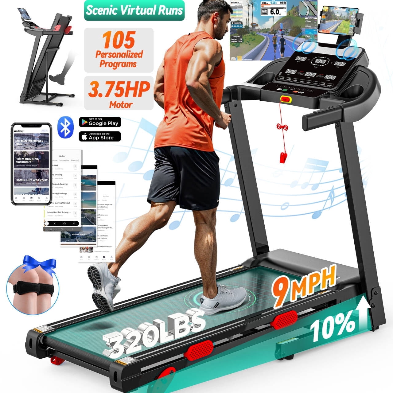 10% Inclined Treadmill w/ 330lb Capacity, 3.75HP Folding Treadmill for Home Walking Running, 96+9 Programs, APP Control, 9MPH, HiFi Stereo Speakers, Shock-Absorbing, Knee Strap Gift
