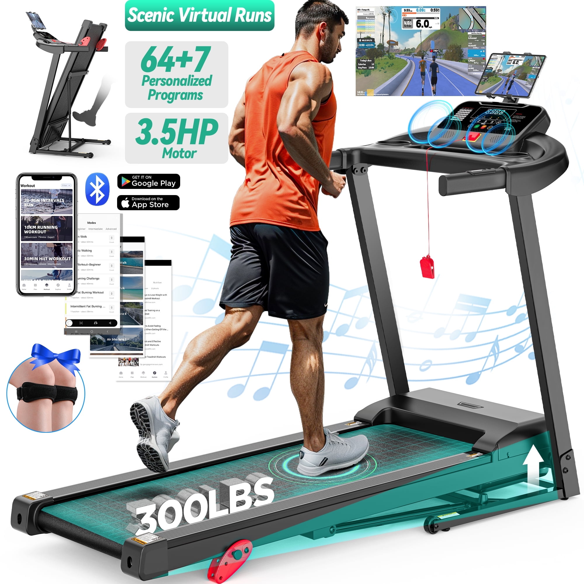 Inclined Treadmill w/ 300lb Capacity, 3.75HP Folding Treadmill for Home Walking Running, 64+3+1 Programs, APP Control, 7.5MPH, HiFi Stereo Speakers, Shock-Absorbing, Knee Strap Gift