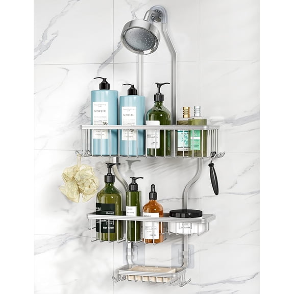 Includes Soap Basket – Never-Rust Aluminum Hanging Shower Caddy – Over-the-Showerhead Organizer with 10 Hooks for Razor and Sponge