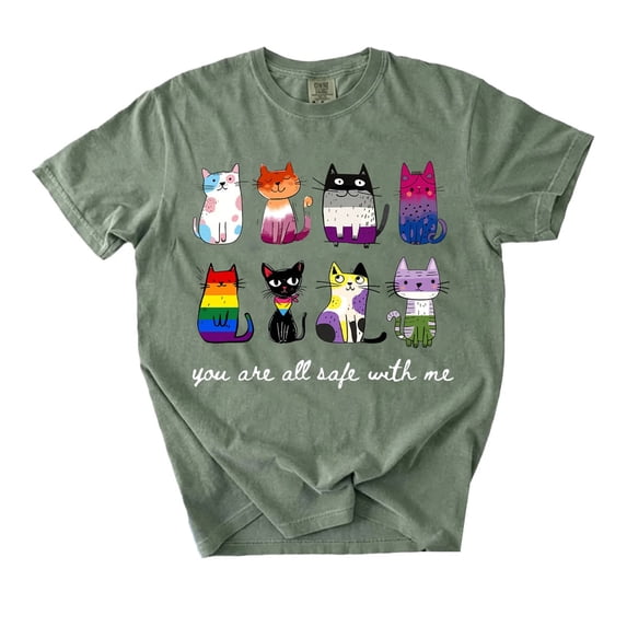 Inclusive Pride T-Shirt, You Are All Safe With Me Cat Graphic Tee, LGBTQ Ally Multi Flag Queer Apparel Gift