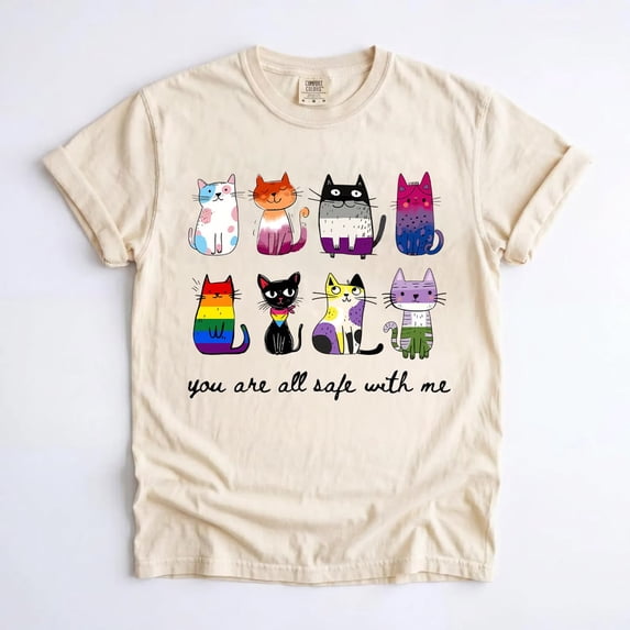 Inclusive Pride T-Shirt, You Are All Safe With Me Cat Graphic Tee, LGBTQ Ally Multi Flag Queer Apparel Gift