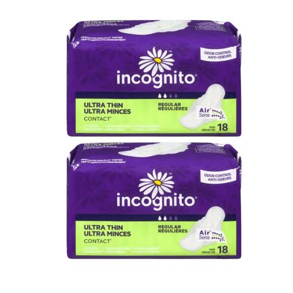 Incognito Ultra Thin Contact Overnight Protective with Wings Super Absorbency 18 Count (2 Pack)