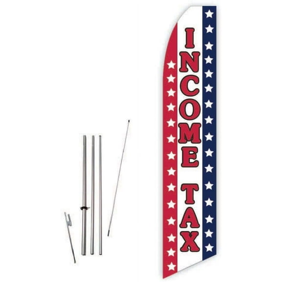Income Tax Red/Blue/Stars Super Novo Feather Flag - Complete with 15ft Pole Set and Ground Spike