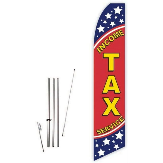 Income Tax Service Red/Blue/Stars Super Novo Feather Flag - Complete with 15ft Pole Set and Ground Spike