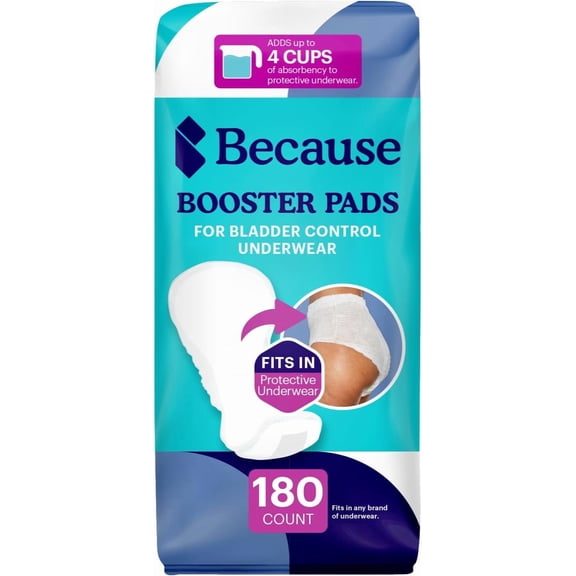 Because Incontinence Booster Pads Overnight - Ultra Long 16", For Women and Men, Adds 4 Cups Absorbency to Adult Diapers. 180 Boosters (4 Packs of 45)