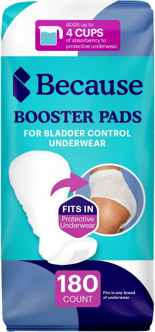 Because Incontinence Booster Pads Overnight - Ultra Long 16", For Women and Men, Adds 4 Cups Absorbency to Adult Diapers. 180 Boosters (6 Packs of 20)