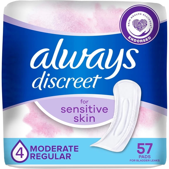Incontinence Pads for Women with Bladder Leaks, Sensitive Skin Pads Moderate Absorbency, Regular Length, 57 Count