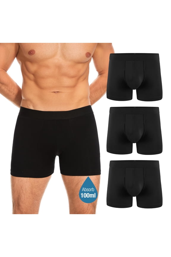 Incontinence Underwear for Men, Reusable Washable Leakproof Cotton Boxer Briefs, Heavy Flow Bladder Leak 3 Pack (Black, Large)