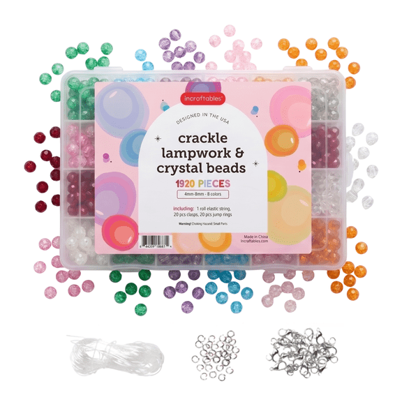 Incraftables Crackle Lampwork & Crystal Beads for Jewelry Making Kit, 1920 Pcs 4mm-8mm Glass Beads for Bracelets, Round Crackle, Rondelle & Bicone Beads, 8 Colors with Organizer Box, Elastic String