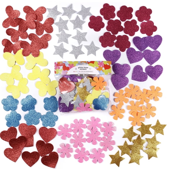Incraftables Glitter Foam Stickers for Kids Self Adhesive 100pcs (Flower, Heart, Star and Butterfly)