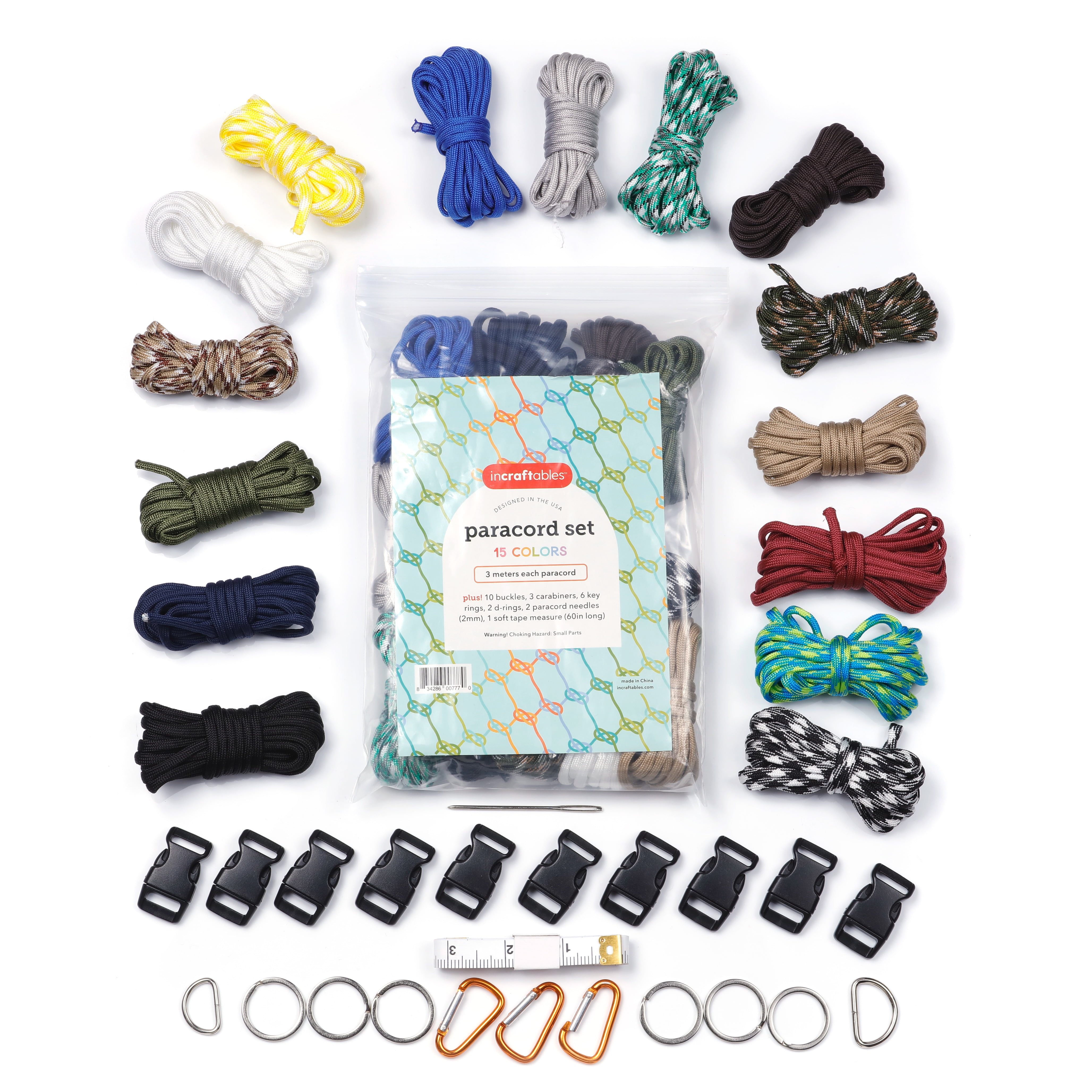 Incraftables Paracord Kit with 15 Colors Paracord Rope (2mm), Buckle,  Keyring, Carabiner & More
