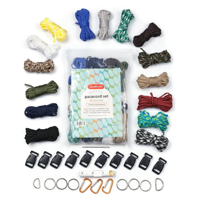 Incraftables Paracord Kit with 15 Colors Paracord Rope (2mm), Buckle, Keyring, Carabiner & More