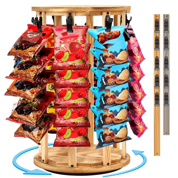 Increased Size Chip Display Rack, 5 Tiers 40 Clips Wooden Rotating Display Stand, Snack Rack for Pantry Retail Countertop, 22.5" (57.2 cm) High