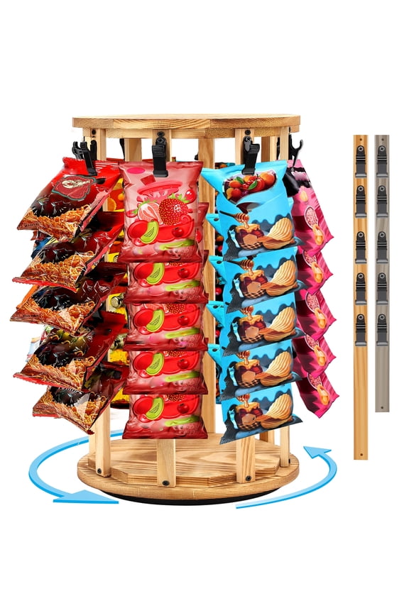 Increased Size Chip Display Rack, 5 Tiers 40 Clips Wooden Rotating Display Stand, Snack Rack for Pantry Retail Countertop, 22.5" (57.2 cm) High